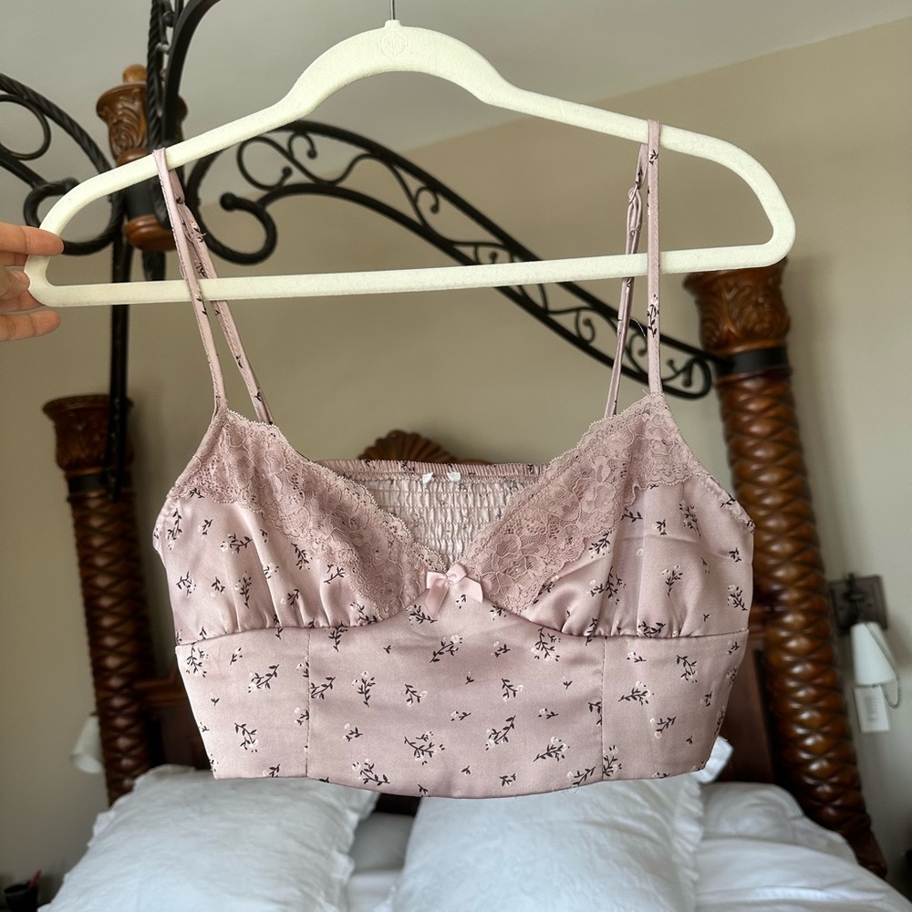 GARAGE Nova Mauve Floral Satin Lace Trim Bustier Cropped Top